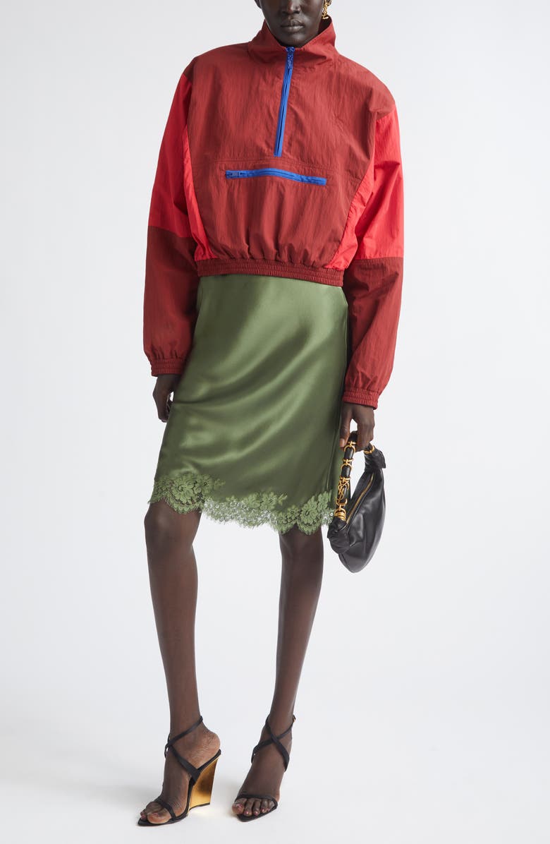 Saint Laurent Lace Trim Silk Satin Skirt, Alternate, color, Khaki