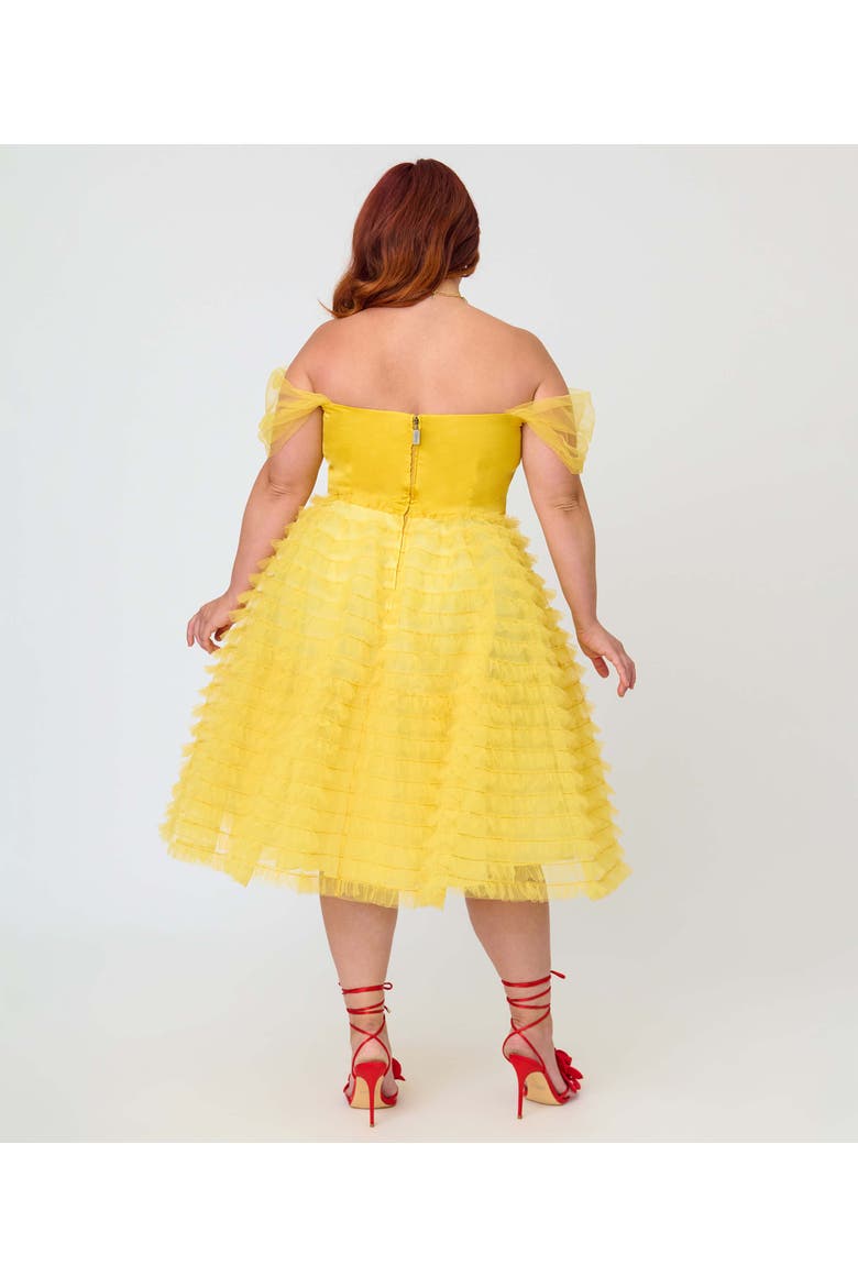 Plus Size Tulle Off The Shoulder Swing Dress, Alternate, color, Yellow W/ Rose Embroidery