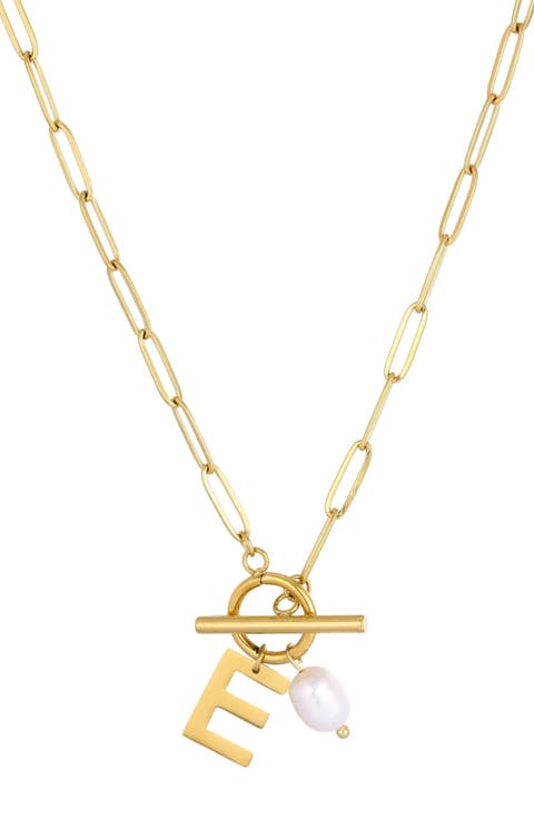18K Gold Plated Pearl & Initial Toggle Pendant Necklace