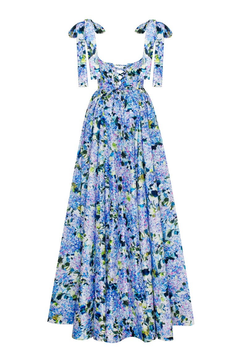 A-Line Corset Taffeta Maxi Gown in Blue Hydrangea Print for Formal Occasions, Alternate, color, Blue Hydrangea