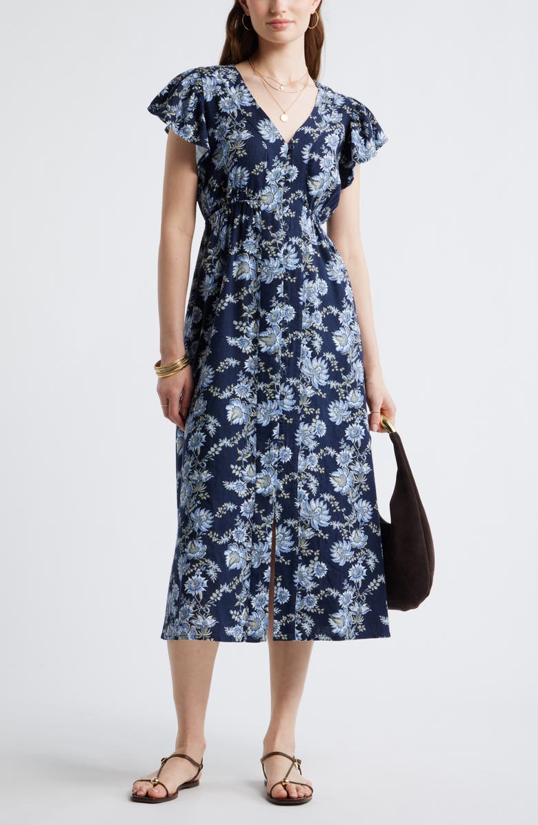 Treasure & Bond Short Sleeve Button Down Linen Blend Midi Dress, Alternate, color, Navy Cottage Floral Stripe