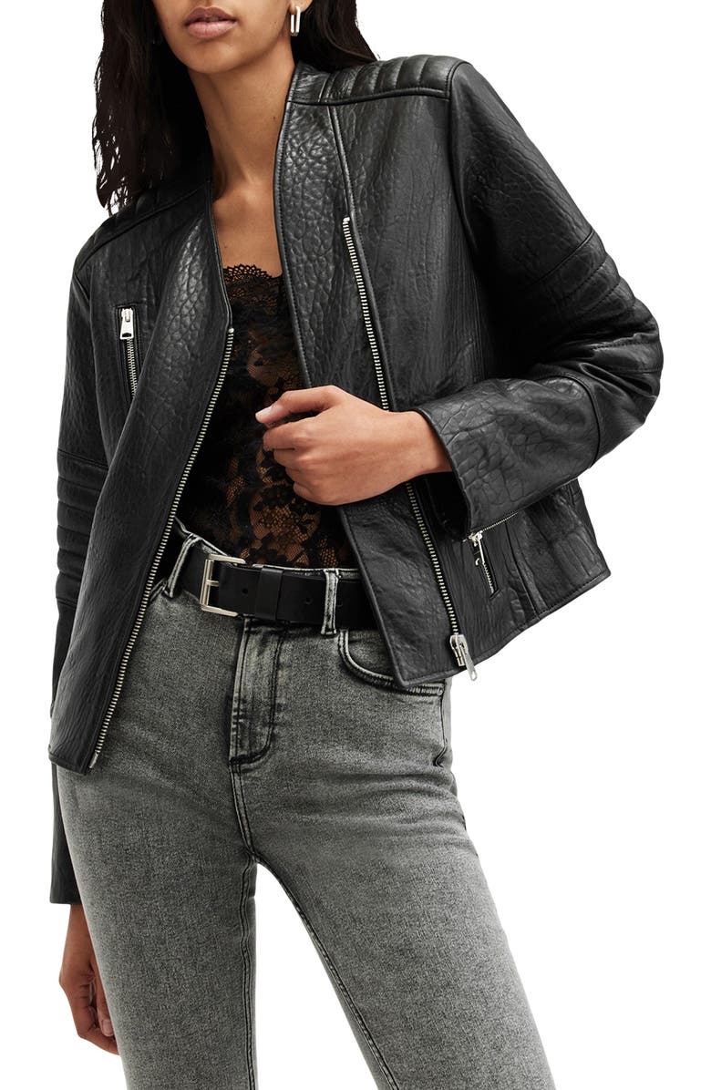 AllSaints Cawley Leather Biker Jacket, Alternate, color, Black