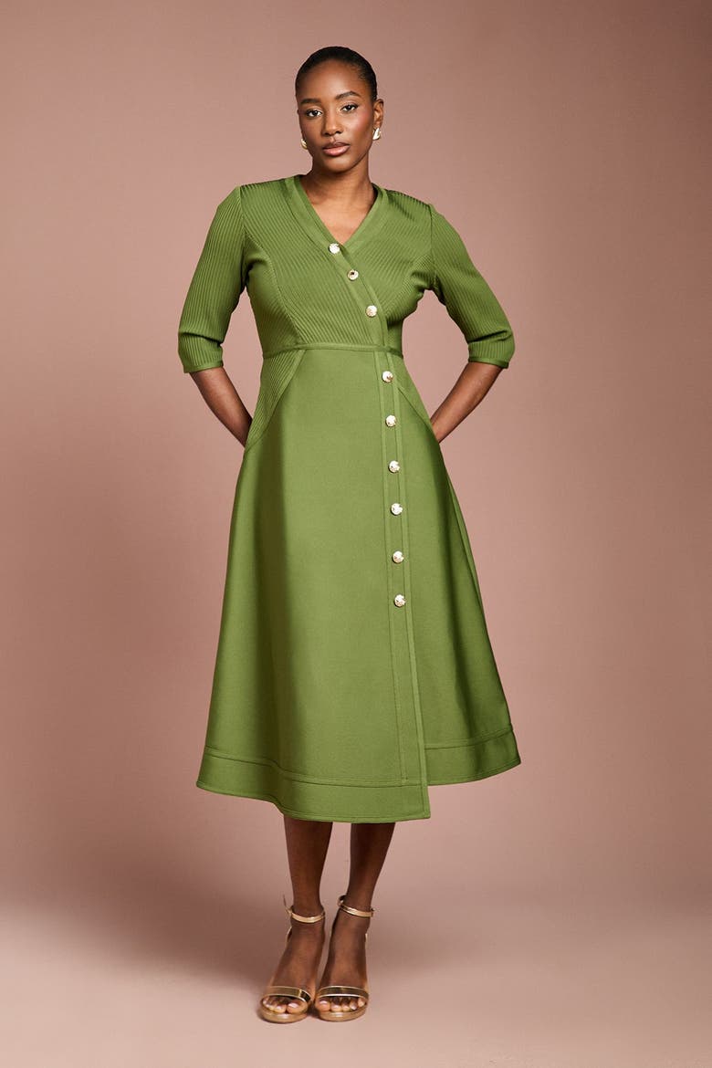 Bandage V-Neck Midi Dress, Alternate, color, Olive