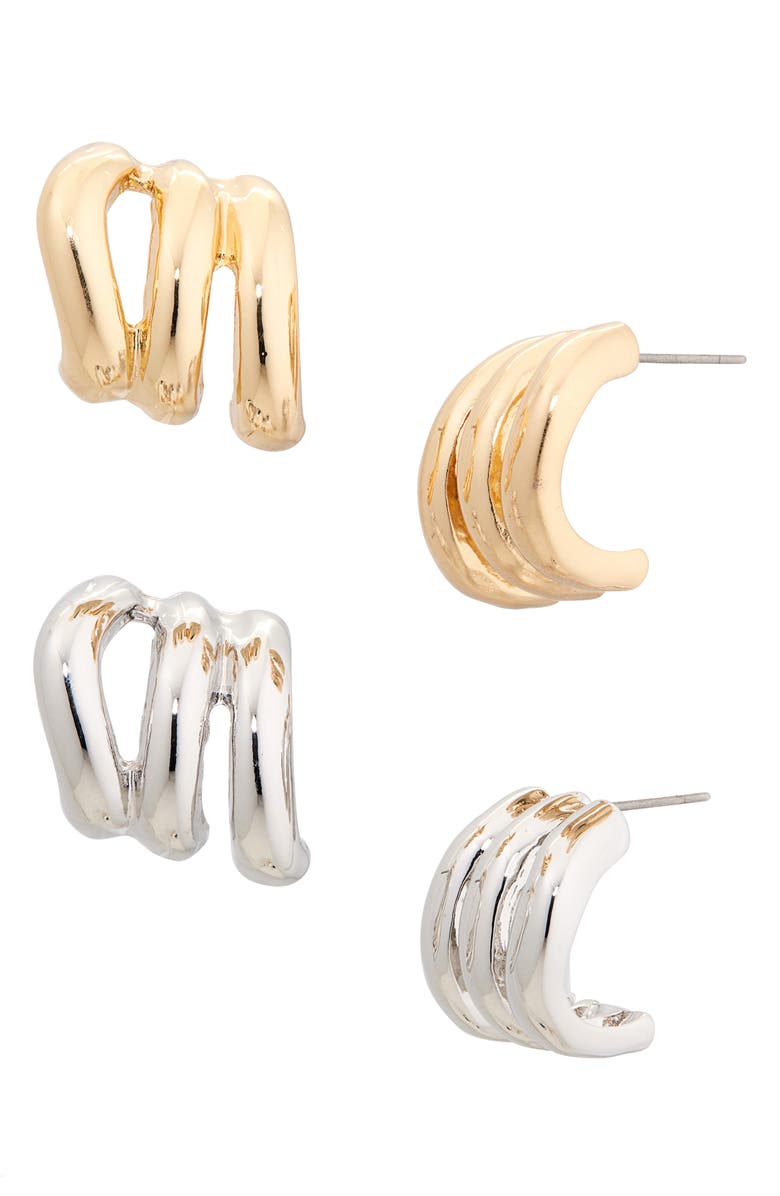 Tasha Set of 2 Two-Tone Triple Huggie Hoop Earrings, Main, color, Gold Silver