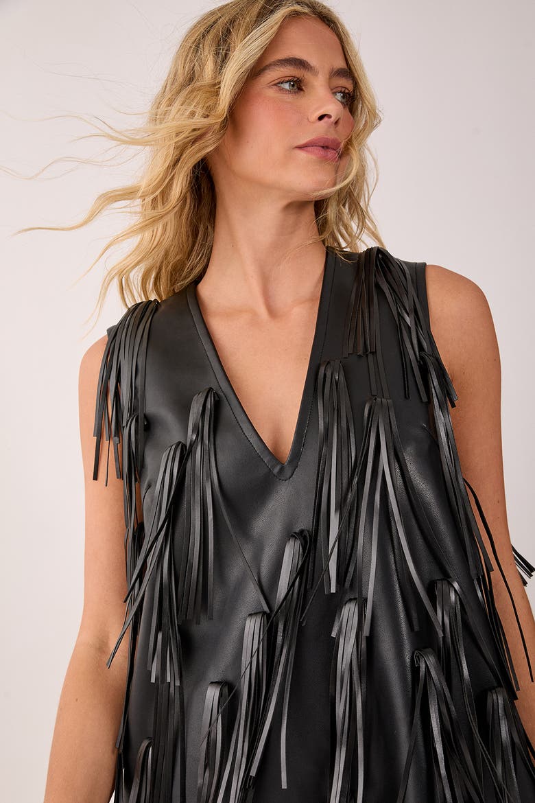 Faux Leather Tassel Plunge Mini Dress, Alternate, color, Black