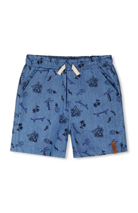 Elastic Waist Skateboards Chambray Shorts