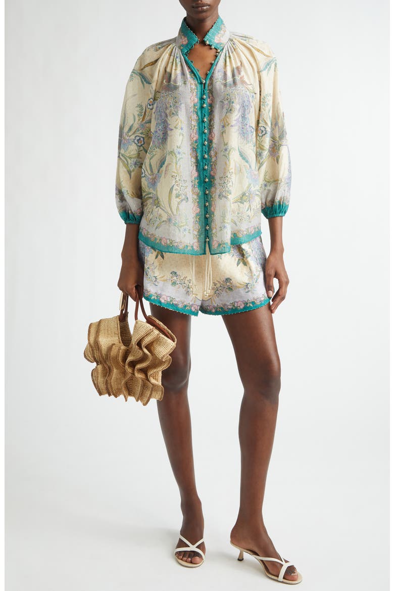 Indra Metallic Stripe Cotton & Silk Billow Top, Alternate, color, CREAM SCARF FLORAL