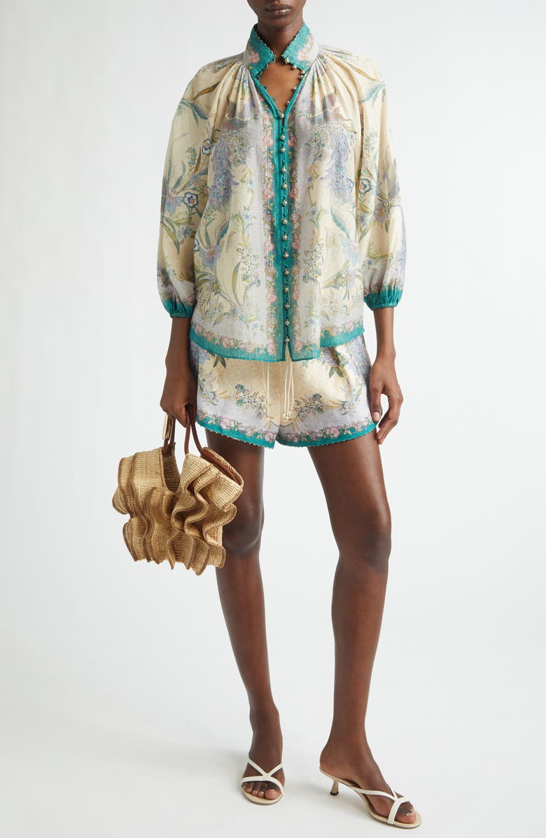 Zimmermann Indra Metallic Stripe Cotton & Silk Billow Top, Alternate, color, Cream Scarf Floral