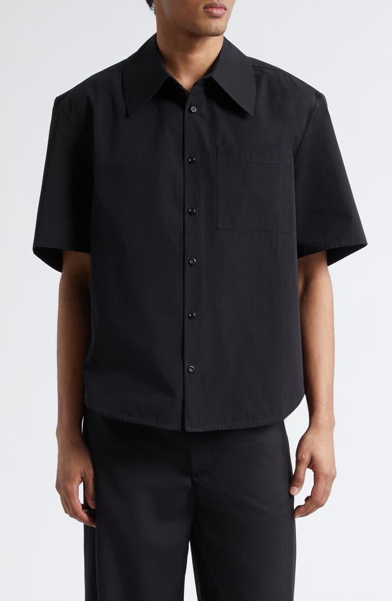 Séfr Waylon Short Sleeve Cotton Poplin Button-Up Shirt, Main, color, Black Fine Poplin