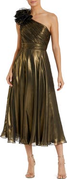 Mac Duggal Rosette One Shoulder Tea Length Dress