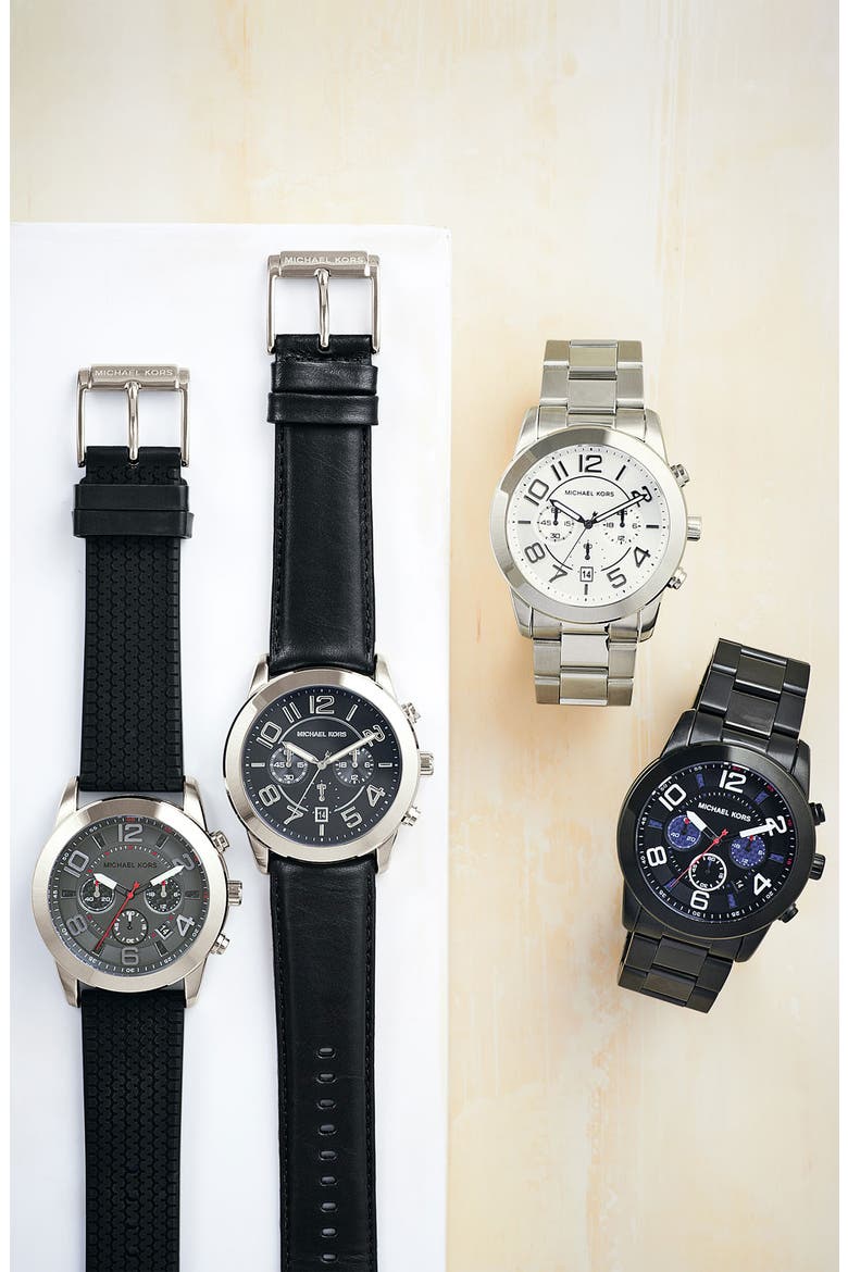 Michael Kors 'Mercer' Large Chronograph Leather Strap Watch, 45mm, Alternate, color, BLACK/ ROSE GOLD