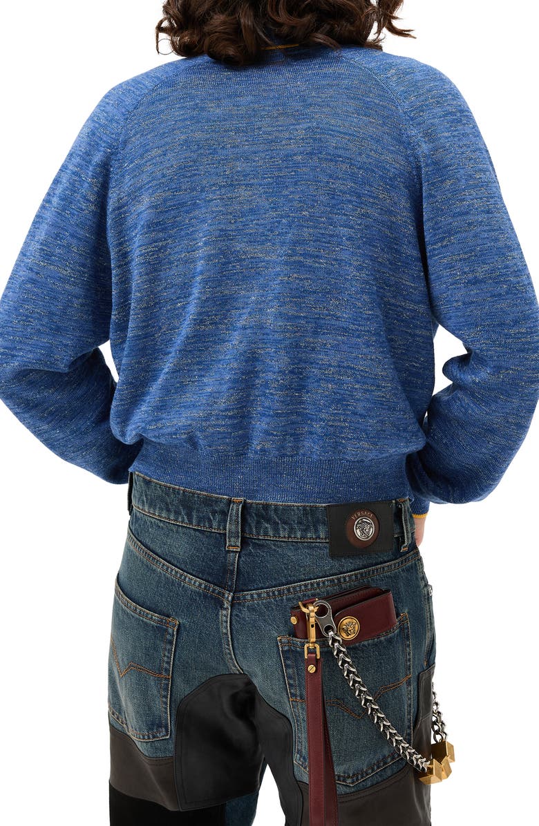 Versace First Line Greca Jacquard Wool & Silk Blend Mouliné Zip Cardigan, Alternate, color, Sky