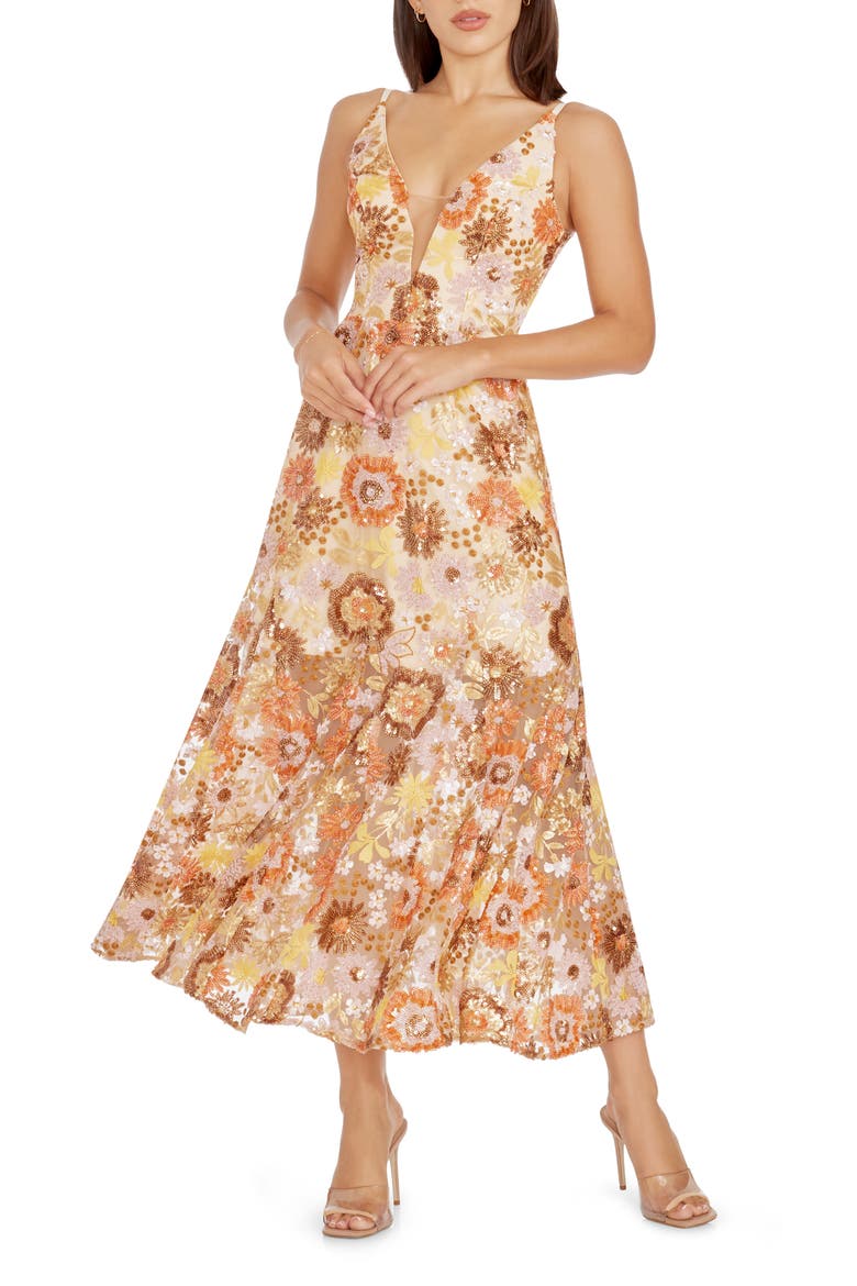 Sierra Floral Sequin Midi Cocktail Dress, Main, color, AMBER MULTI