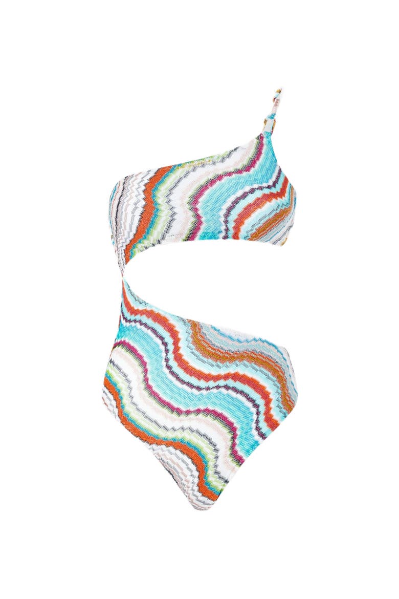 One-shoulder One-piece Swimsuit With Lamé Wave Motif And Cut-out Detail, Alternate, color, Multicoloured