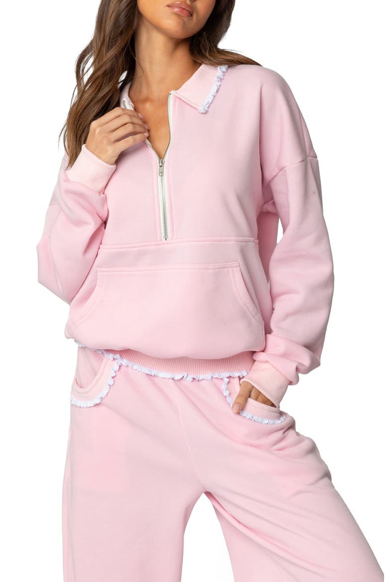 Ashtin Ruffle Trim Half Zip Sweatshirt, Main, color, LIGHT-PINK