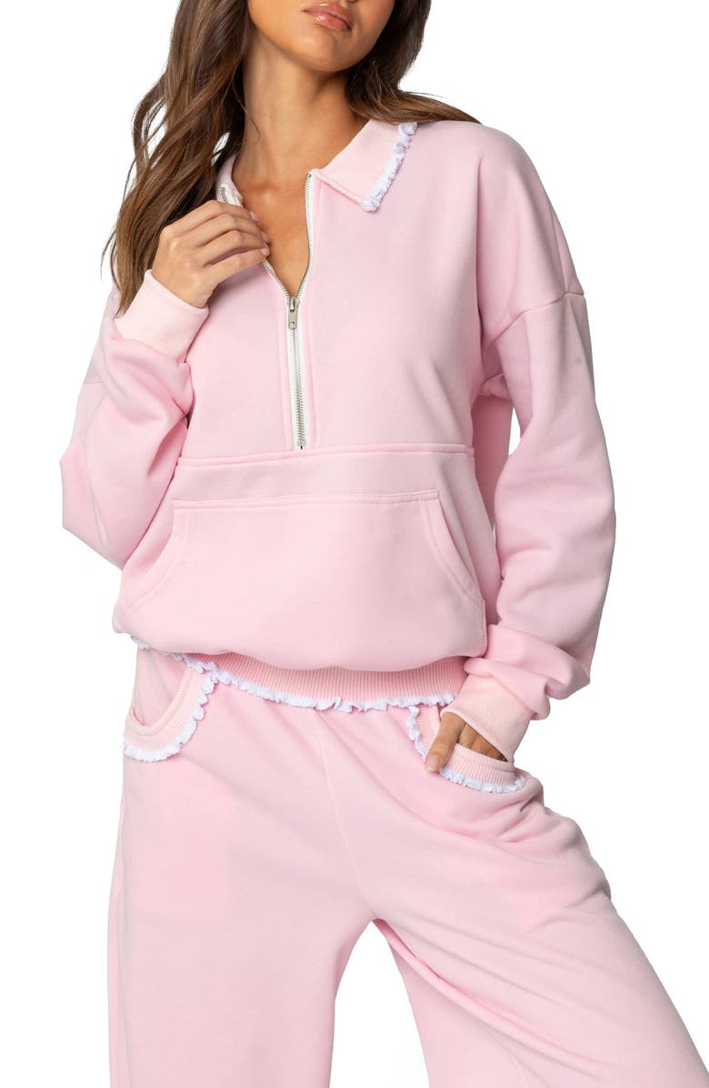 EDIKTED Ashtin Ruffle Trim Half Zip Sweatshirt, Main, color, Light-Pink