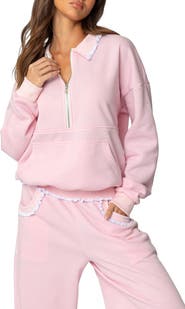 EDIKTED Ashtin Ruffle Trim Half Zip Sweatshirt