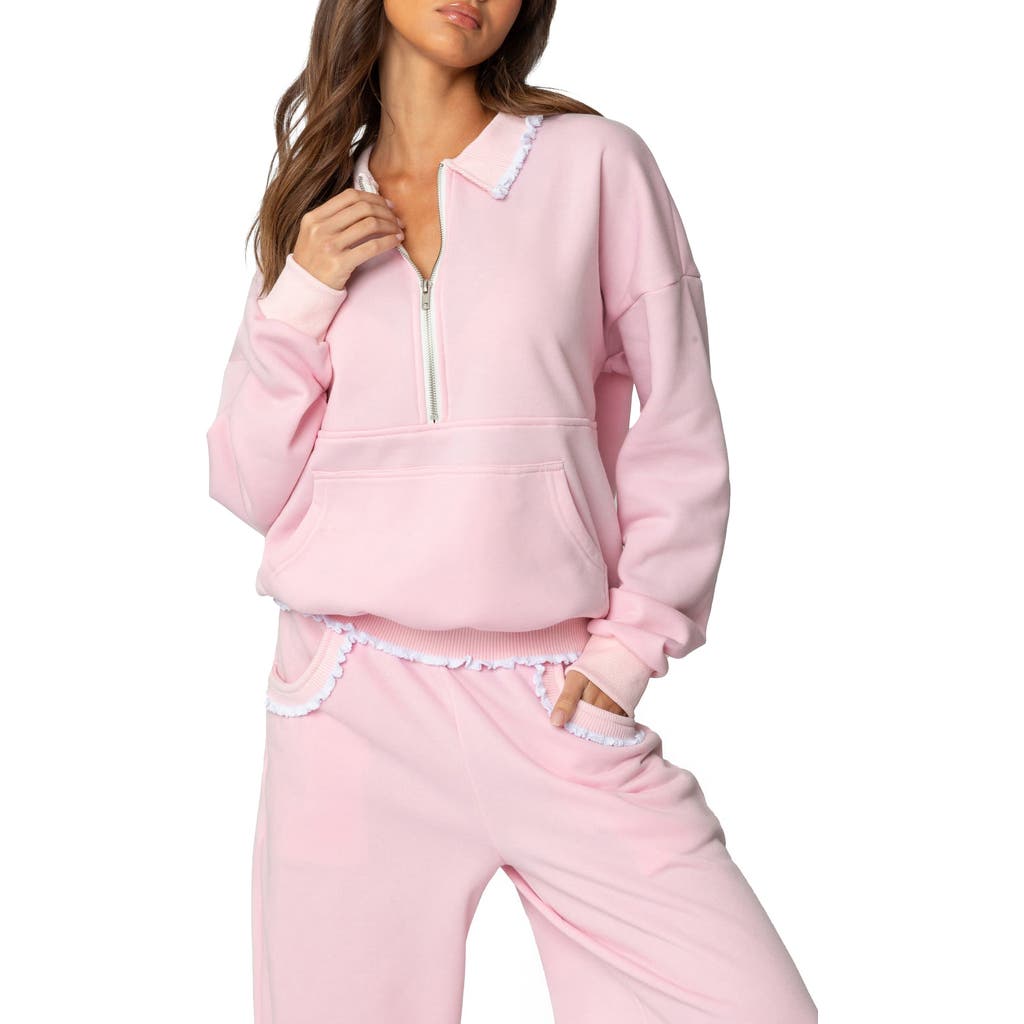 Edikted Ashtin Ruffle Trim Half Zip Sweatshirt In Light-pink