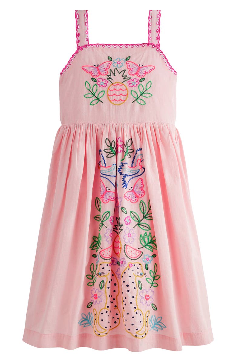 Mini Boden Kids' Embroidered Cotton Sundress, Main, color, Pink Jungle Embroidery