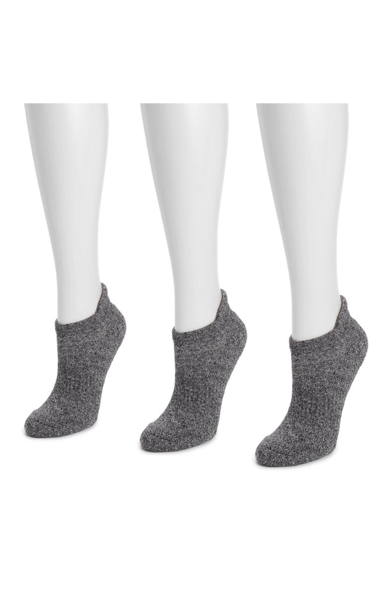 MUK LUKS Cotton Compression Ankle Socks 3 Pair Pack, Alternate, color, Black Marl