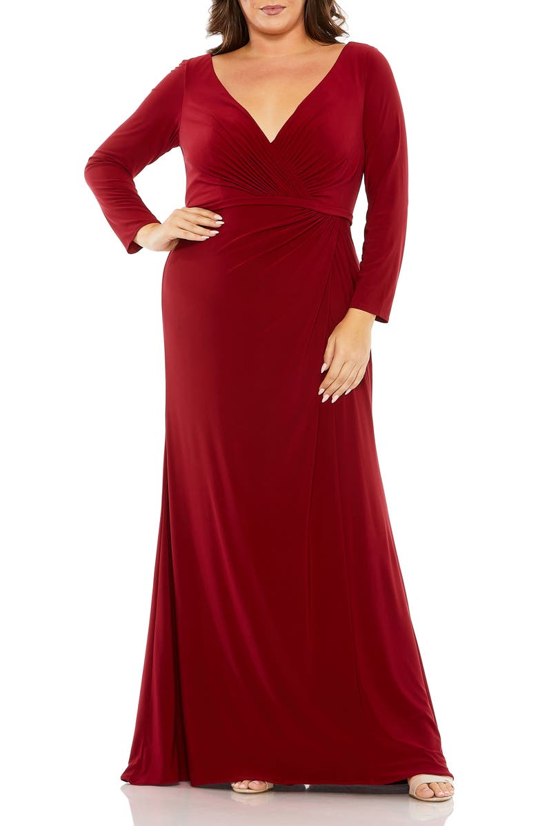 Mac Duggal Long Sleeve V-Neck Faux Wrap Gown, Main, color, Burgundy