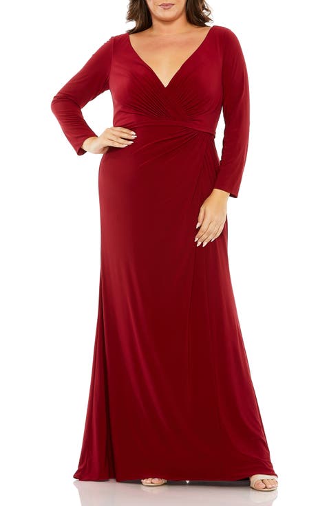 Long Sleeve V-Neck Faux Wrap Gown