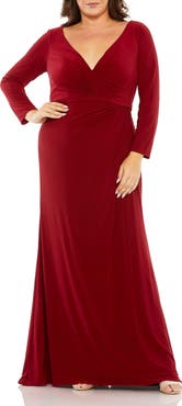 Mac Duggal Long Sleeve V-Neck Faux Wrap Gown