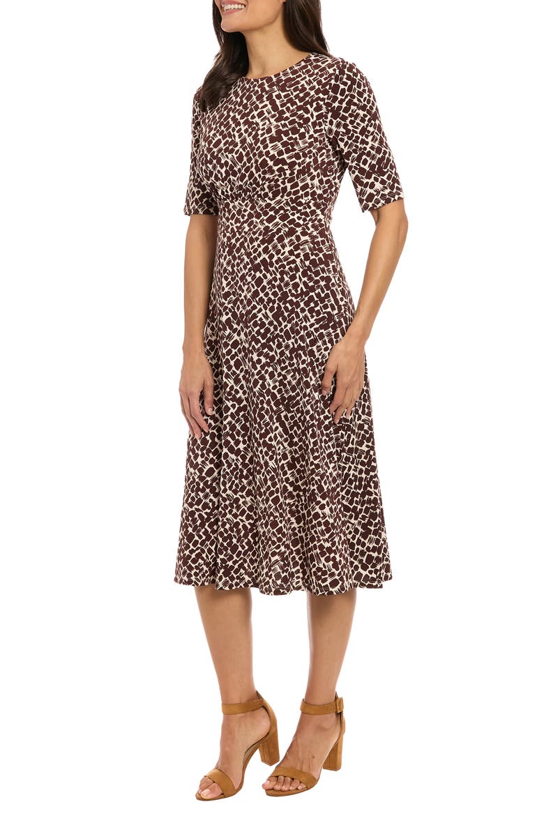 Short Sleeve Inset Waist Fit & Flare Midi Dress, Alternate, color, TAN/ CHOCO