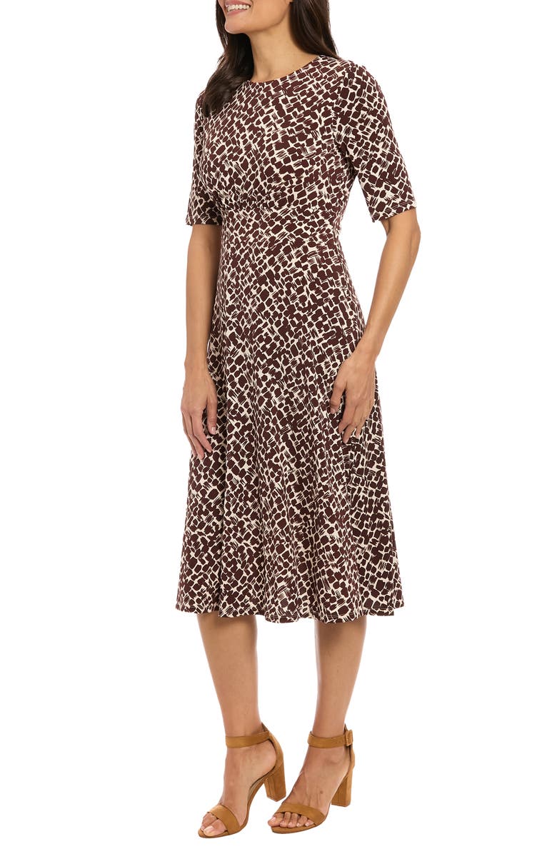 London Times Short Sleeve Inset Waist Fit & Flare Midi Dress, Alternate, color, Tan/ Choco