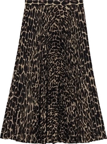 Sunburst Leopard Print Pleated Midi Skirt