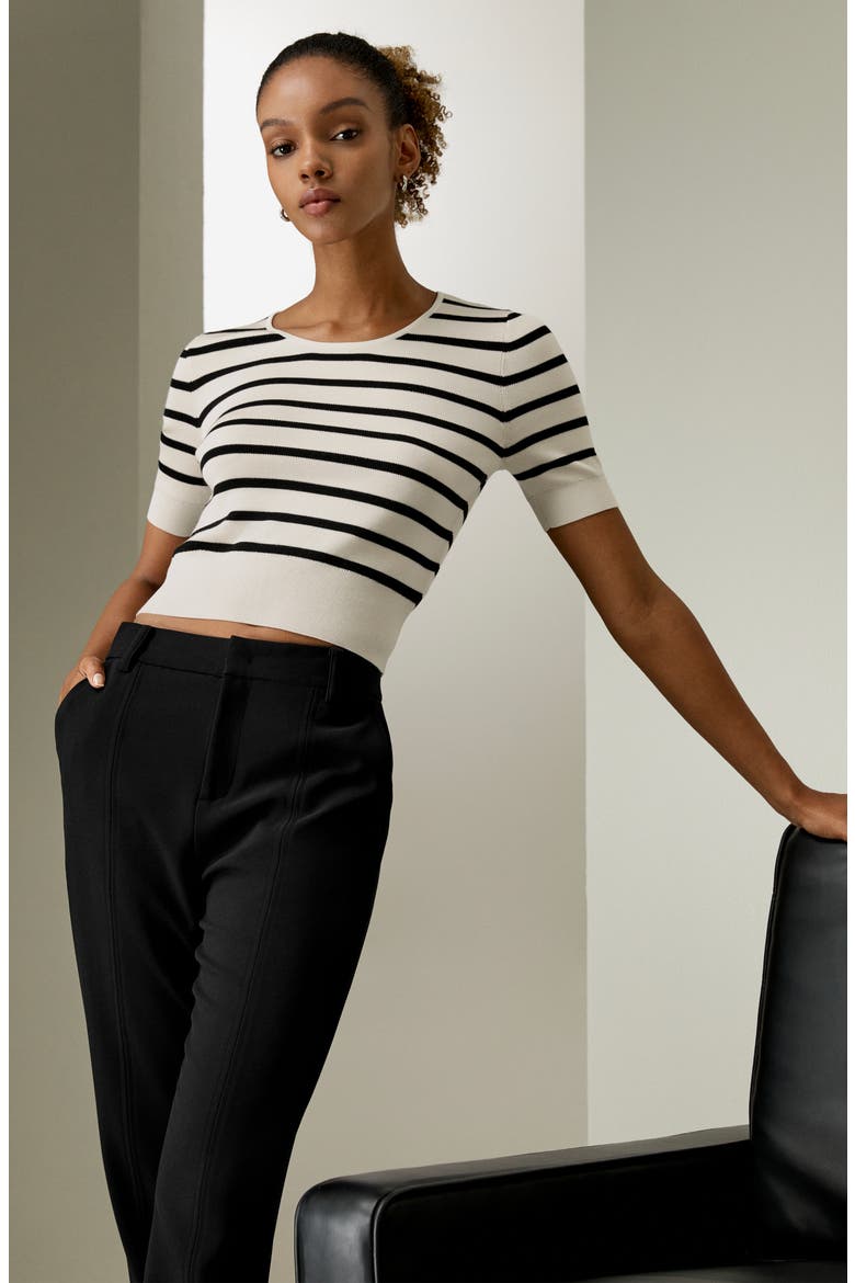 Silk Striped Cropped Knit Top, Alternate, color, White With Black Stripes