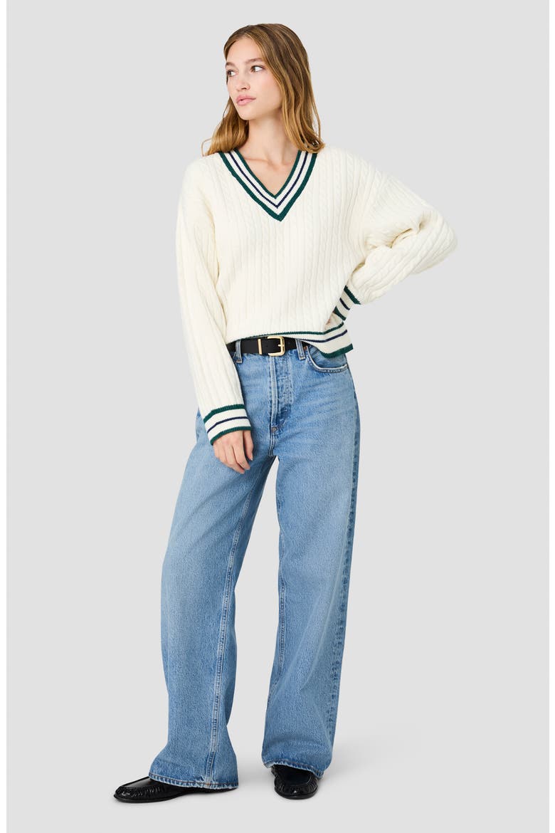 Aleyna Striped V-Neck Cable Sweater, Alternate, color, PORCELAIN CREAM/ TEAL/ MARINE