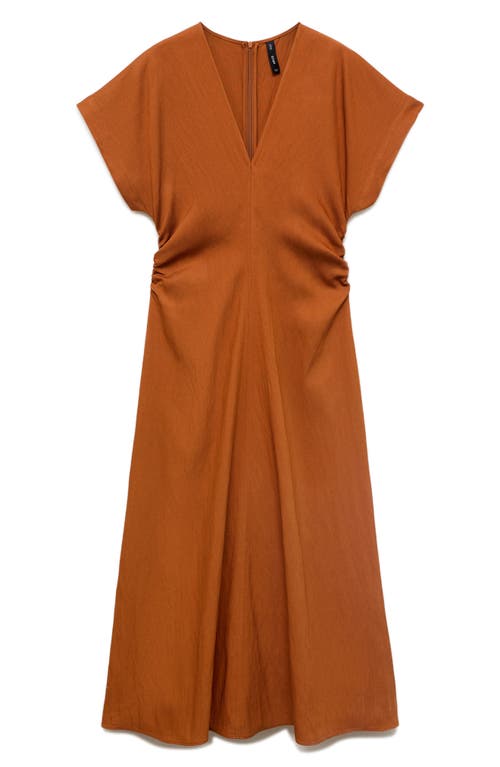 Mango Midi Dress With Gathered Sides Brown In Brown