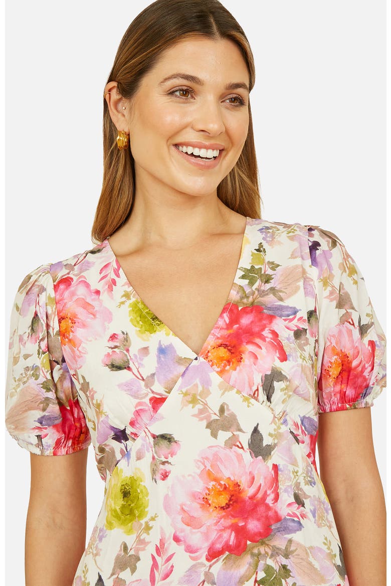 Floral Puffed Sleeve Midi Dress, Alternate, color, Ivory
