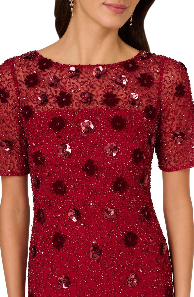 Adrianna Papell Sequin Mesh & Velvet Cocktail Sheath Dress, Alternate, color, Cranberry
