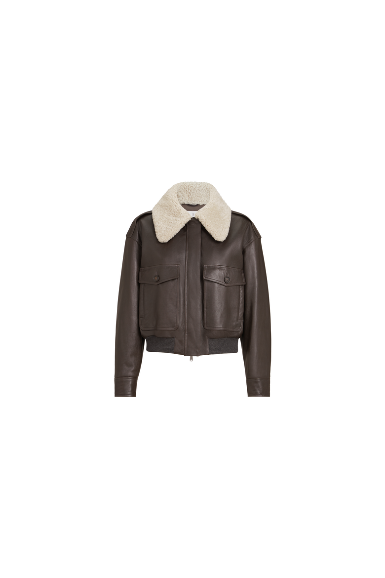 Polished nappa leather aviator jacket with detachable shearling collar and monili, Alternate, color, Coffee