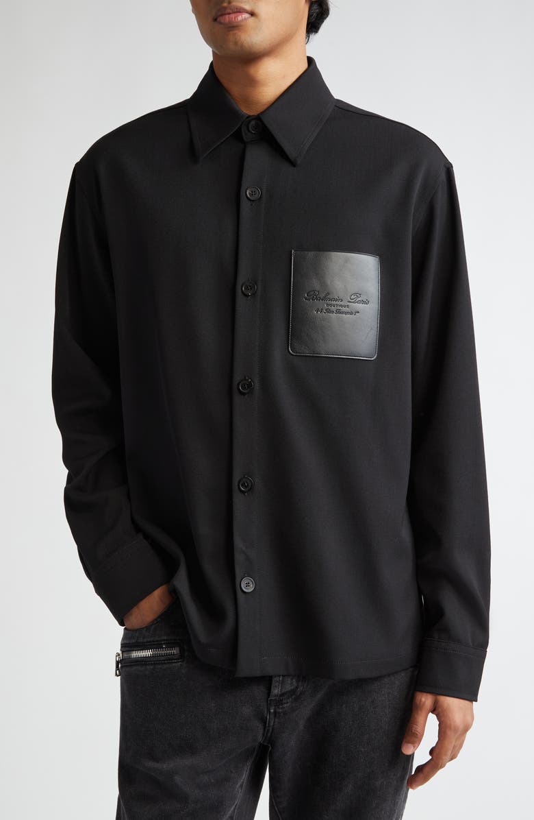 Balmain Couture Label Grain de Poudre Button-Up Overshirt, Main, color, 0Pa Black