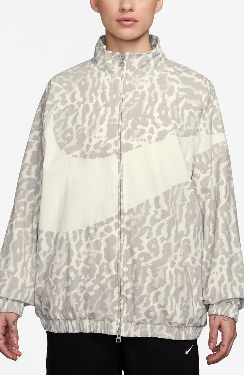 Nike Leopard Print Swoosh Water Repellent Jacket, Main, color, 009 Grey/ Sail