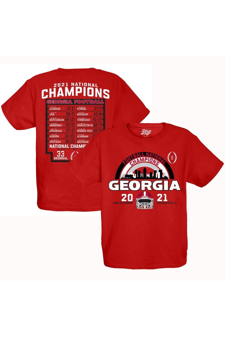 Youth Blue 84 Red Georgia Bulldogs College Football Playoff 2021 National Champions Schedule T-Shirt, Main, color, Red