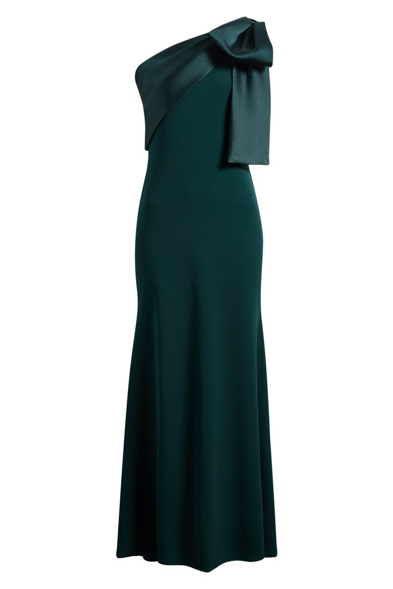 Bow One-Shoulder Crepe Mermaid Gown, Alternate, color, PINE