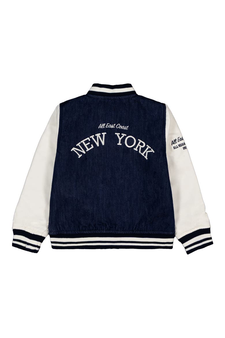 Kids' New York Denim Varsity Jacket, Alternate, color, DARK WASH