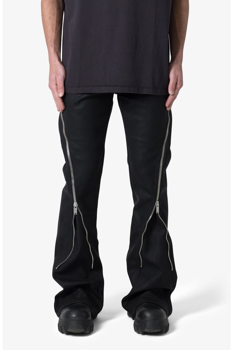 D519 Zipper Flare Coated Leather Jeans, Main, color, BLACK