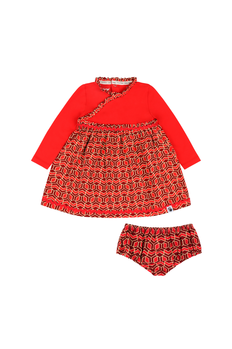 Baby Long Sleeve Ruffle Trim Dress and Bloomer Set, Main, color, Red Multicolor