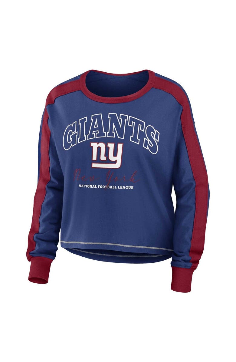 WEAR by Erin Andrews Women's WEAR by Erin Andrews Royal/Red New York Giants Color Block Modest Crop Long Sleeve T-Shirt, Alternate, color, 