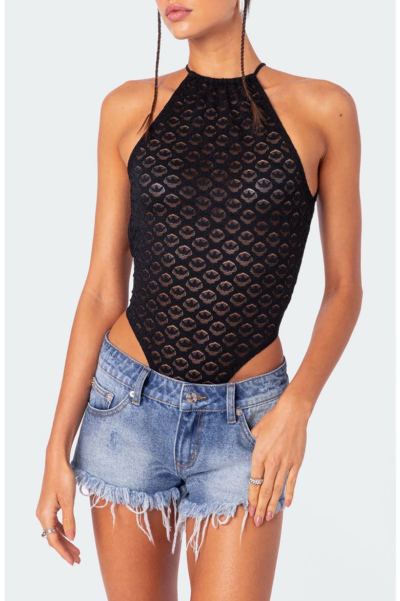 Lace Halter Open Back Sheer Bodysuit, Main, color, BLACK