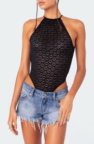 EDIKTED Lace Halter Open Back Sheer Bodysuit