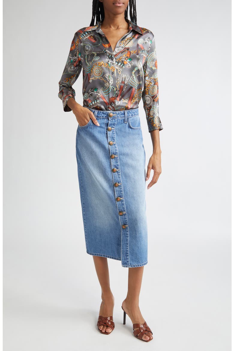 Dani Three-Quarter Sleeve Silk Button-Up Shirt, Alternate, color, MULTI WESTERN BELT PRINT