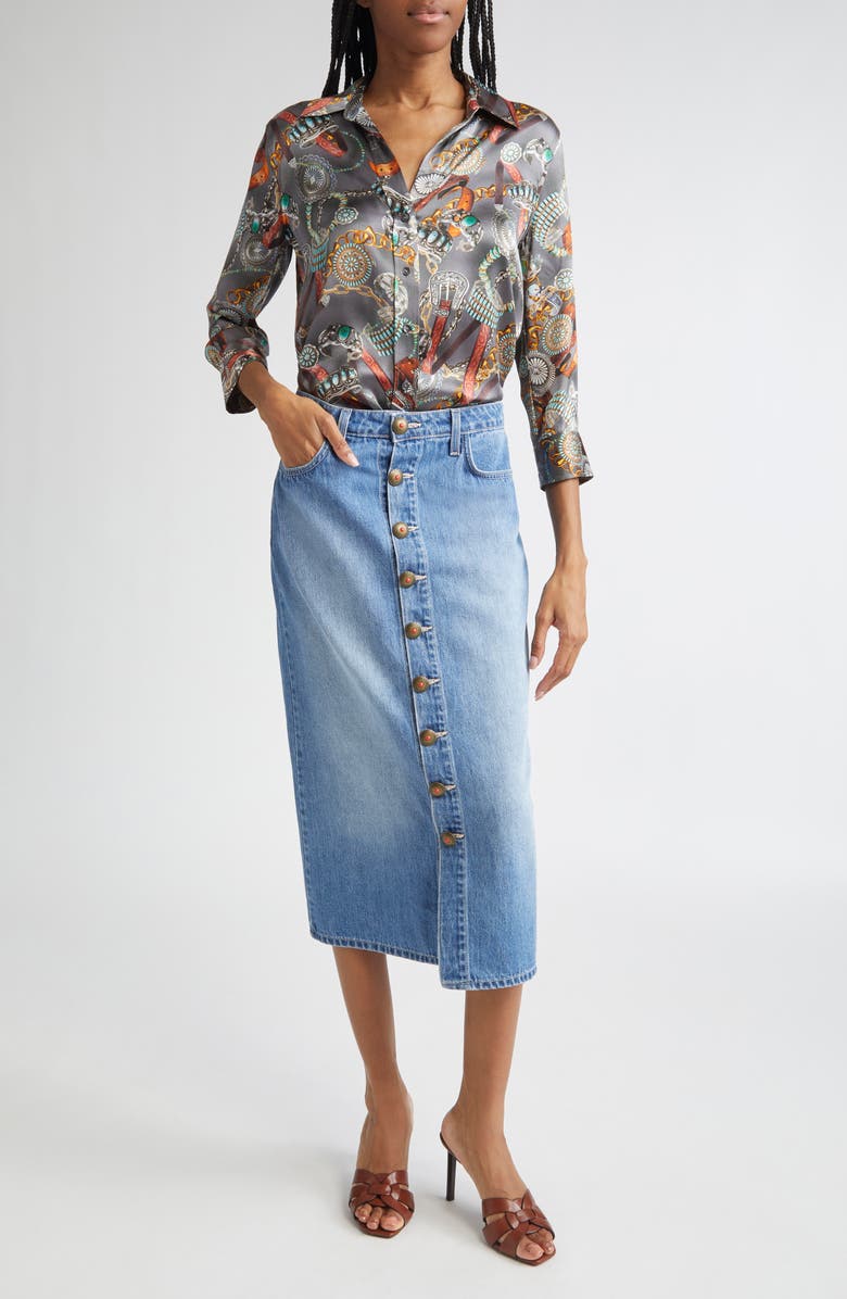 L'AGENCE Kathleen Button Front Midi Denim Skirt, Alternate, color, Bandera