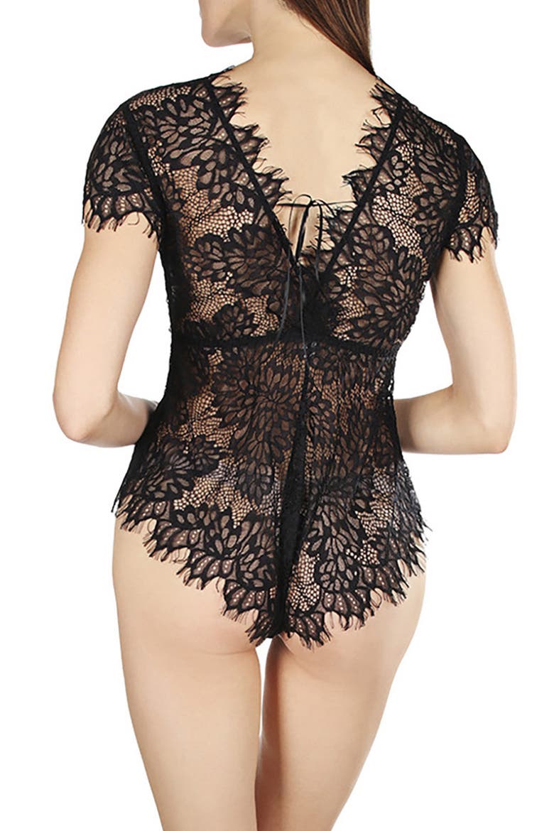 Ava Sheer Lace Romper, Alternate, color, BLACK