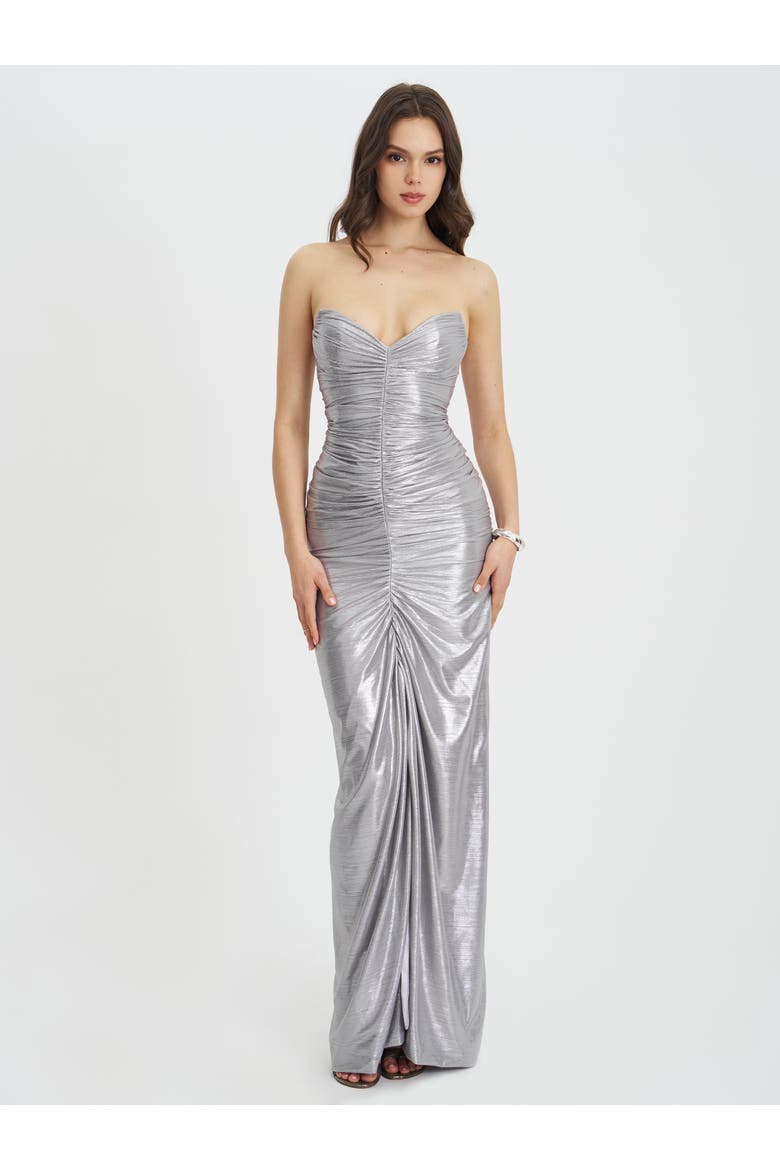 Sable Ruched Glitter Mermaid Gown, Alternate, color, Silver